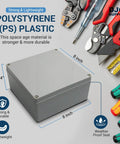 Weatherproof 6x6x3 Inch IP65 Junction Box Made From PS Plastic Electrical Enclosure for indoor or outdoor use shown with tools