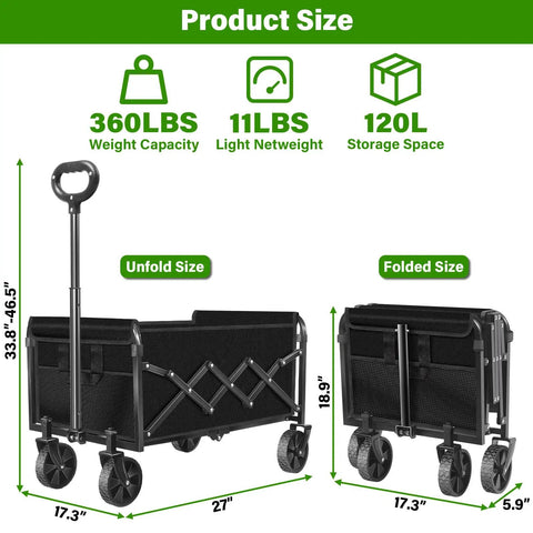 All-Terrain Folding Wagon Cart For Grocery, Camping And More, Heavy-Duty, Collapsible Utility Wagon With 360 Lb Capacity, Rugged Wheels, Easy Fold shown in unfolded and folded states