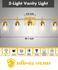 5 Light Gold Vanity Light Fixtures Over Mirror With Bell Glass Shades Industrial Modern Mid Century Wall Lamps For Bathroom And Living Room Premium Gold Finish That Upgrades Your Restroom Decor And Vibe, with dimensions and features chart.