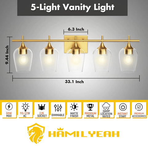 5 Light Gold Vanity Light Fixtures Over Mirror With Bell Glass Shades Industrial Modern Mid Century Wall Lamps For Bathroom And Living Room Premium Gold Finish That Upgrades Your Restroom Decor And Vibe, with dimensions and features chart.
