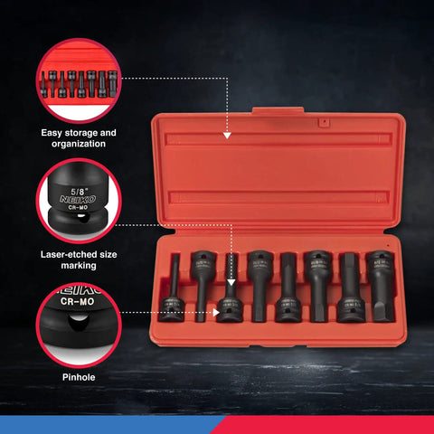 1/2-Inch Drive Allen Socket Set With 3-Inch Length Bits in red case, includes 8 CrMo steel hex-bit sockets with size markings.