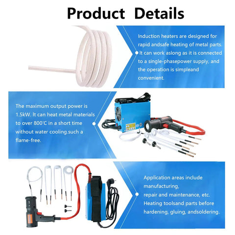 Heavy Duty Handheld 1500W Induction Heater Bolt Remover Tool With Four Robust Coils displayed with coils and accessories for rust removal.