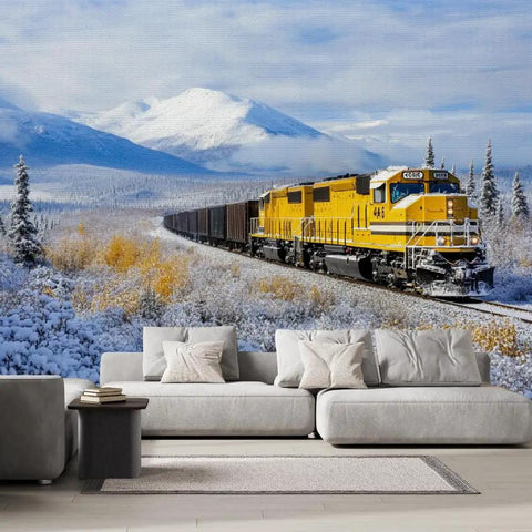 Steam Locomotive Wall Mural With Self Adhesive Backing, Large Train Wallpaper 78.7 by 55.2 Inches, winter mountain scene