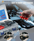 Box with 360 Pieces 5 To 25 Millimeter Spring Band Hose Clamps Assortment Kit and plier next to open car engine