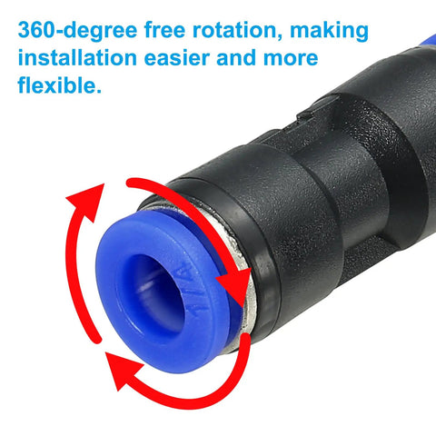 Close-up of One Quarter Inch Push To Connect Air Hose Fittings Set Of 10 Quick Release Pneumatic Connectors, showing 360-degree rotation