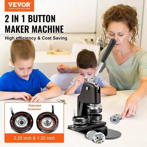 2-In-1 Button Maker Kit With 1.25 And 2.25 Inch Molds on table with children using buttons, no-fuss pin badge punch press for DIY projects