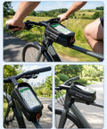 Ridiculously Handy 2L Bike Front Frame Bag With Water Resistant Top Tube Mount Touchscreen Friendly Window in use on a bicycle