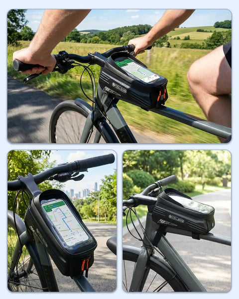 Ridiculously Handy 2L Bike Front Frame Bag With Water Resistant Top Tube Mount Touchscreen Friendly Window in use on a bicycle