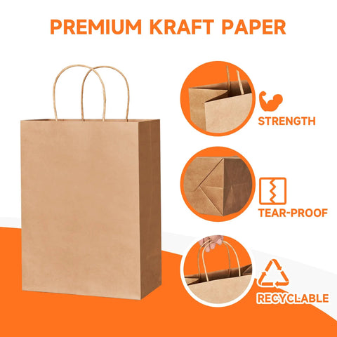 Kraft Paper Gift Bags With Handles Bulk Pack 100, 8x4.5x10.8 inch, showing strength, tear-proof, recyclable features