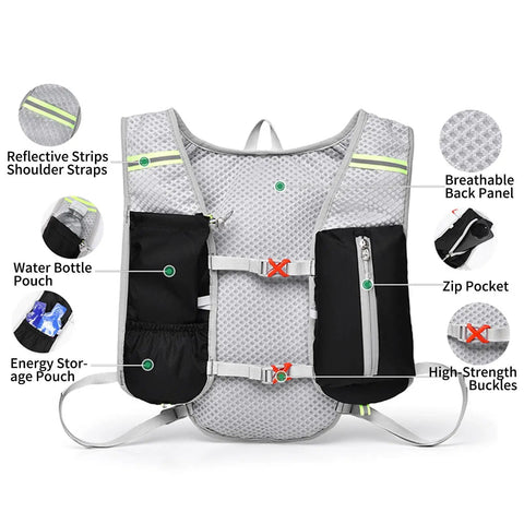 All Day Hydration Vest With Water Reservoir For Trail Ready Rides On The Go And Runs, showing pockets and reflective strips
