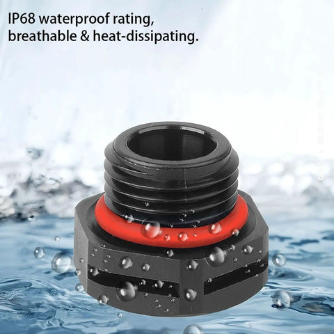 Close-up of Eight Pack Black IP68 Waterproof Industrial Breather Vents with M12x1.5 valve in water. Dual port, PA66 nylon material.