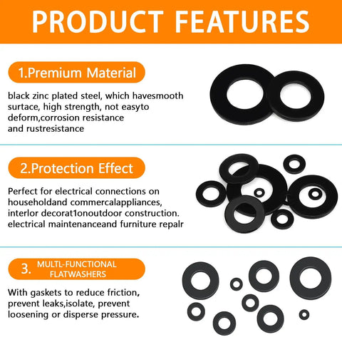 Flat Washer Kit 1100 Pcs Black Zinc Plated Assorted Washers In 9 Sizes M2.5 By 0.2mm, M2.5 By 6mm, M3 By 7mm, M4 By 7mm, M5 By 10mm, M6 By 12mm, M8 By 16mm, M10 By 19mm, M12 By 24mm For Furniture, Mechanical Repairs And DIY Projects features image with washers and text highlights.