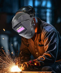 Welder wearing Solar Powered Auto Darkening Welding Helmet With LCD Lens, Lightweight 8x11 Inch Welder Mask, sparks flying