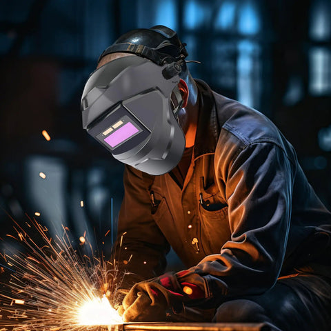 Welder wearing Solar Powered Auto Darkening Welding Helmet With LCD Lens, Lightweight 8x11 Inch Welder Mask, sparks flying