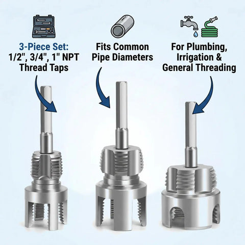 Shuielai 3 Piece Pipe Threading Tool Kit With Electric Drill Compatible, NPT thread taps for 1/2, 3/4, 1 inch PVC pipes.