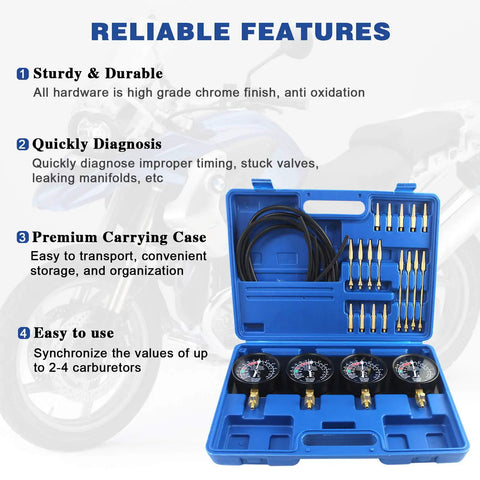 Motorcycle Fuel Vacuum Carburetor Synchronizer Gauge Kit With 4 Precision Gauges And Individual Damping And Calibration Controls On A Heavy Metal Bench Base For Easy Bike Carb Sync. Blue carrying case open with four gauges and adapters