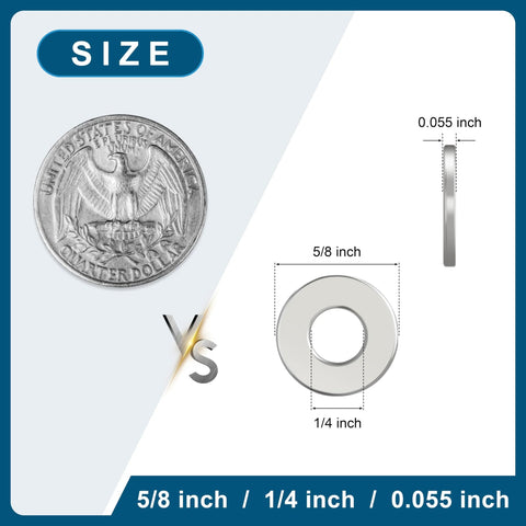 Front view: Kirphealy stainless flat washers, 5/8 in OD, 1/4 in ID, 0.055 in thick, 100 pcs