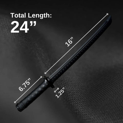 Polypropylene Short Practice Samurai Training Sword 24-Inch With Black Saya Scabbard, blade and handle dimensions shown.