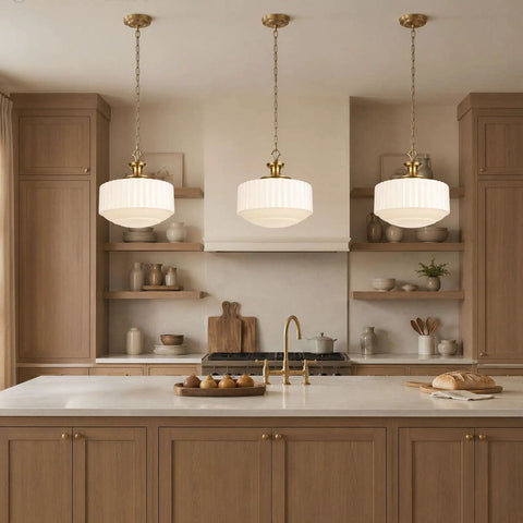 Vintage Brass Milk Glass Pendant Lights Fixture, Pleated Glass Chandelier hanging over a kitchen island with wood cabinets.
