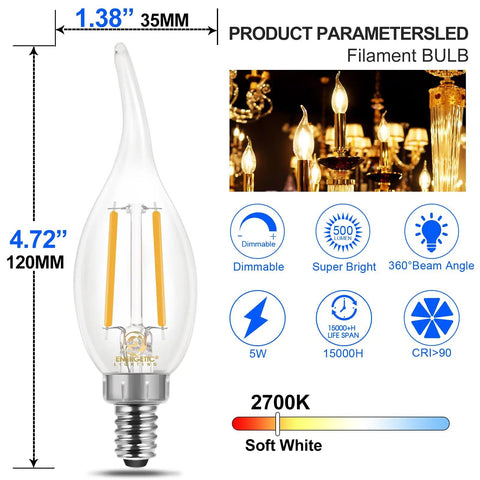 12 Pack Dimmable LED Candelabra Bulbs Flame Tip CA11 Shape, 60 Watt Equivalent, 2700K Soft White, E12 Base, CRI 90, Clear Glass