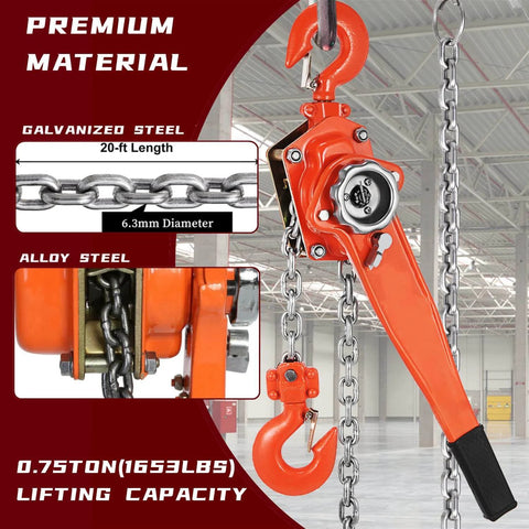 Lever Chain Hoist Come Along For Heavy Lifting Three Quarters Ton Capacity 1650 Lbs 20 Feet Reach Durable G80 Steel Chain