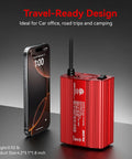 Heavy Duty 300W Car Power Inverter With Dual AC Outlets And Lightning Fast USB C PD 30W Plus Quick Charge USB A 18W Built For Tesla Model Y next to a smartphone.