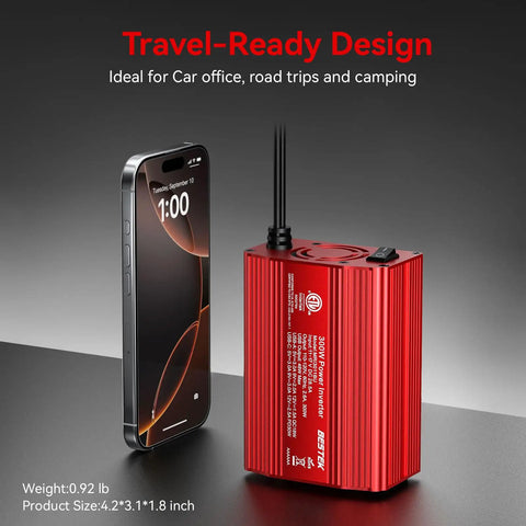 Heavy Duty 300W Car Power Inverter With Dual AC Outlets And Lightning Fast USB C PD 30W Plus Quick Charge USB A 18W Built For Tesla Model Y next to a smartphone.