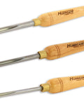 Kickass Three Piece HSS Bowl Gouge Set Featuring Solid Beech Handles For Flawless Bowl And Vessel Turnings Heavy Duty Woodturning Lathe Tools For The Modern Craftsman, showing three gouges with beech handles.