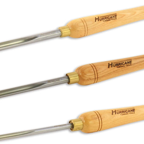 Kickass Three Piece HSS Bowl Gouge Set Featuring Solid Beech Handles For Flawless Bowl And Vessel Turnings Heavy Duty Woodturning Lathe Tools For The Modern Craftsman, showing three gouges with beech handles.