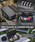 Portable Safe Box With Combo Lock, Waterproof Anti Theft Security Case, shown open with valuables inside on a table.
