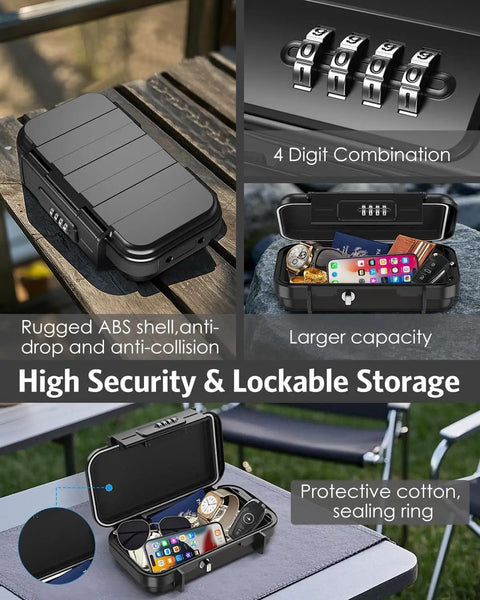 Portable Safe Box With Combo Lock, Waterproof Anti Theft Security Case, shown open with valuables inside on a table.