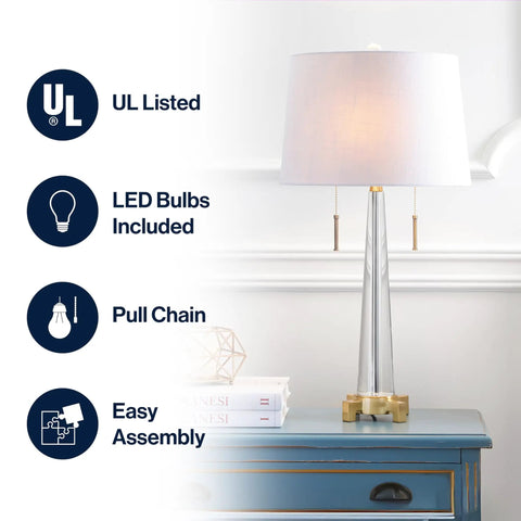 Crystal LED Table Lamp In Clear And Brass Gold Finish, 29.5 Inch Two Light Contemporary Glam Bedside Lamp With White Linen Drum Shade