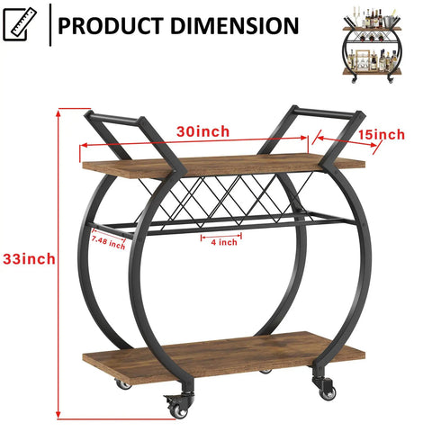 Smooth Rolling Industrial Bar Cart With Spacious Wooden Shelves And Rock Solid Wheels For Your Kitchen Or Lounge Space dimension diagram with measurements.