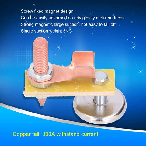 Heavy Duty Magnetic Welding Support With Strong Copper Tail Clamp Grounding Tool For Mechanical Repair And Metal Fixtures Featuring Easy Grip Screw Design close-up of copper tail and screw design, 3kg suction on glossy surfaces.