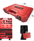 95-piece 3/8-Inch Drive Impact Socket Set in red carry case, open and closed views with visible Cr-V steel tools.