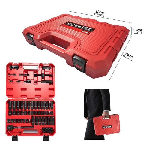 95-piece 3/8-Inch Drive Impact Socket Set in red carry case, open and closed views with visible Cr-V steel tools.