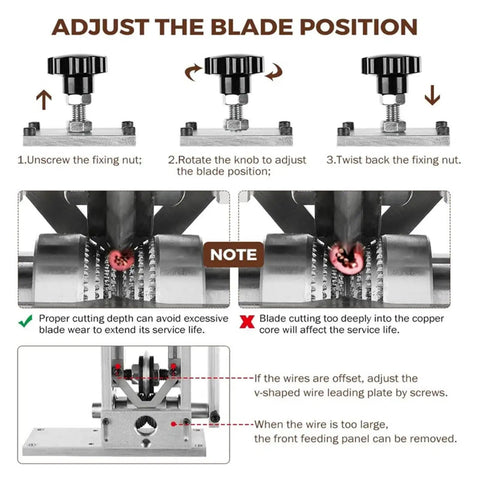 Adjusting the blade position on an Electric Wire Stripping Machine For Copper Cable Recycling for optimal cutting depth.