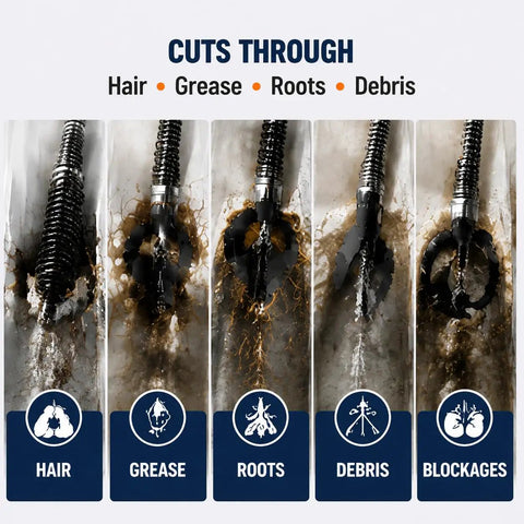 Pro Grade Heavy Duty Cable Drain Auger Bit Set With Hella Tough Steel Cutting Heads For Ridgid K1500G showing cuts through hair, grease, roots, and debris.