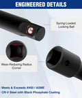 Close-up of Built To Last Half Inch Drive Impact Socket Extension Set details, showing spring-loaded locking ball and radius corner