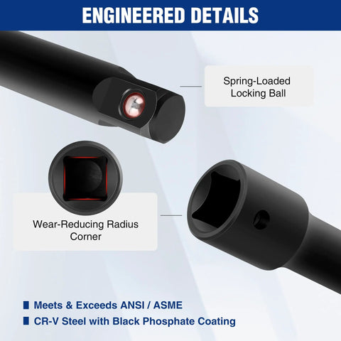 Close-up of Built To Last Half Inch Drive Impact Socket Extension Set details, showing spring-loaded locking ball and radius corner