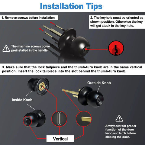 Installation tips for Keyed Entry Door Knob Set Heavy Duty Matte Black All Metal Lock Easy DIY Install Brass Mechanism