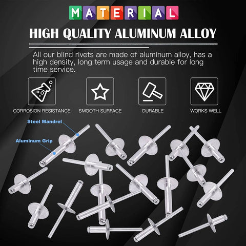 Five Sizes 240 Pieces Large Flange Aluminum Blind Rivets Set Diameter Three Sixteenths Inch With Lengths Three Eighths Inch One Half Inch Five Eighths Inch Three Quarters Inch And One Inch Heavy Duty For Auto Metal And Woodworking Projects shown with steel mandrel and aluminum grip features.