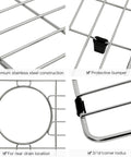 Heavy Duty Stainless Steel Sink Grid For Kitchen 27.5 By 13.5 Inches Keeps Sink Scratch Free Rear Drain Design Great For Drying Dishes And Glassware Corrosion Resistant, shown with close-up details of premium construction, protective bumpers, and rear drain location.