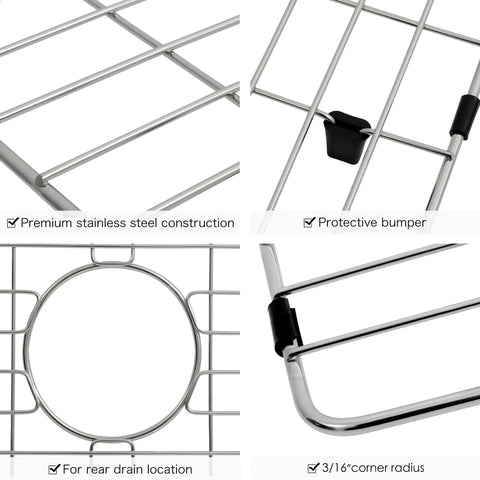 Heavy Duty Stainless Steel Sink Grid For Kitchen 27.5 By 13.5 Inches Keeps Sink Scratch Free Rear Drain Design Great For Drying Dishes And Glassware Corrosion Resistant, shown with close-up details of premium construction, protective bumpers, and rear drain location.