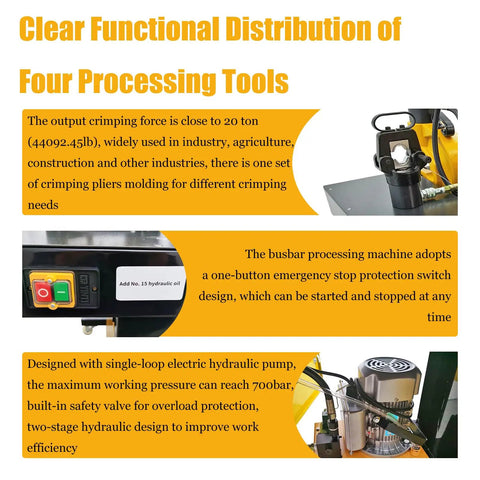 4 In 1 Electric Hydraulic Busbar Cutter Bender Crimper Puncher Machine With Adjustable Valve AC110V feature highlights.