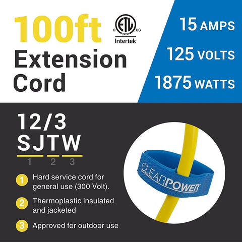 Heavy Duty Outdoor Extension Cord 100 Ft 12 Gauge 3 Conductor SJTW label showing specifications and certifications