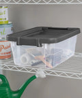 Box Stacker Modular Clear Storage Bin 16 Qt Organizer For Home And Garage Durable Plastic Stackable Bin With Secure Lid Clear Container For Easy Organization And Quick Access Must Have 14723V06 on shelf with paint cans and tools