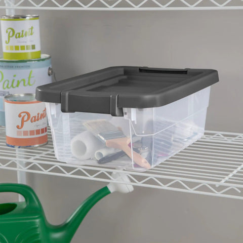 Box Stacker Modular Clear Storage Bin 16 Qt Organizer For Home And Garage Durable Plastic Stackable Bin With Secure Lid Clear Container For Easy Organization And Quick Access Must Have 14723V06 on shelf with paint cans and tools