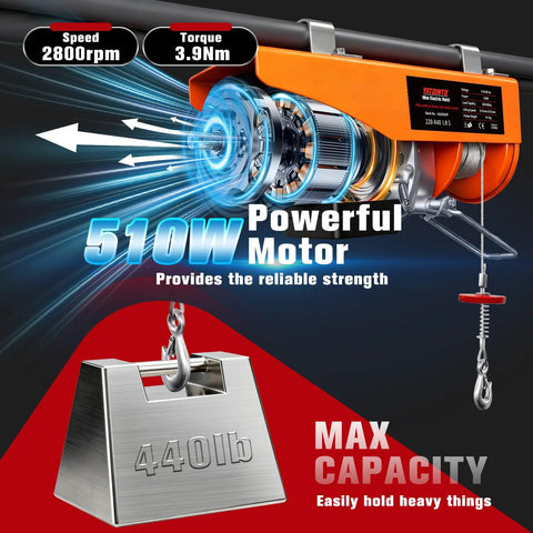 Electric hoist with remote control, orange housing, 510W motor, zinc-plated steel wire rope, 440 lb max capacity