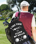 Golfer with bag, featuring Premium Golf Towel Gift For Men And Golf Dudes With Clip Microfiber Cleaning Cloth For Bags Balls And Clubs Funny Practical Stocking Stuffer For Christmas Birthday And Valentines Day.